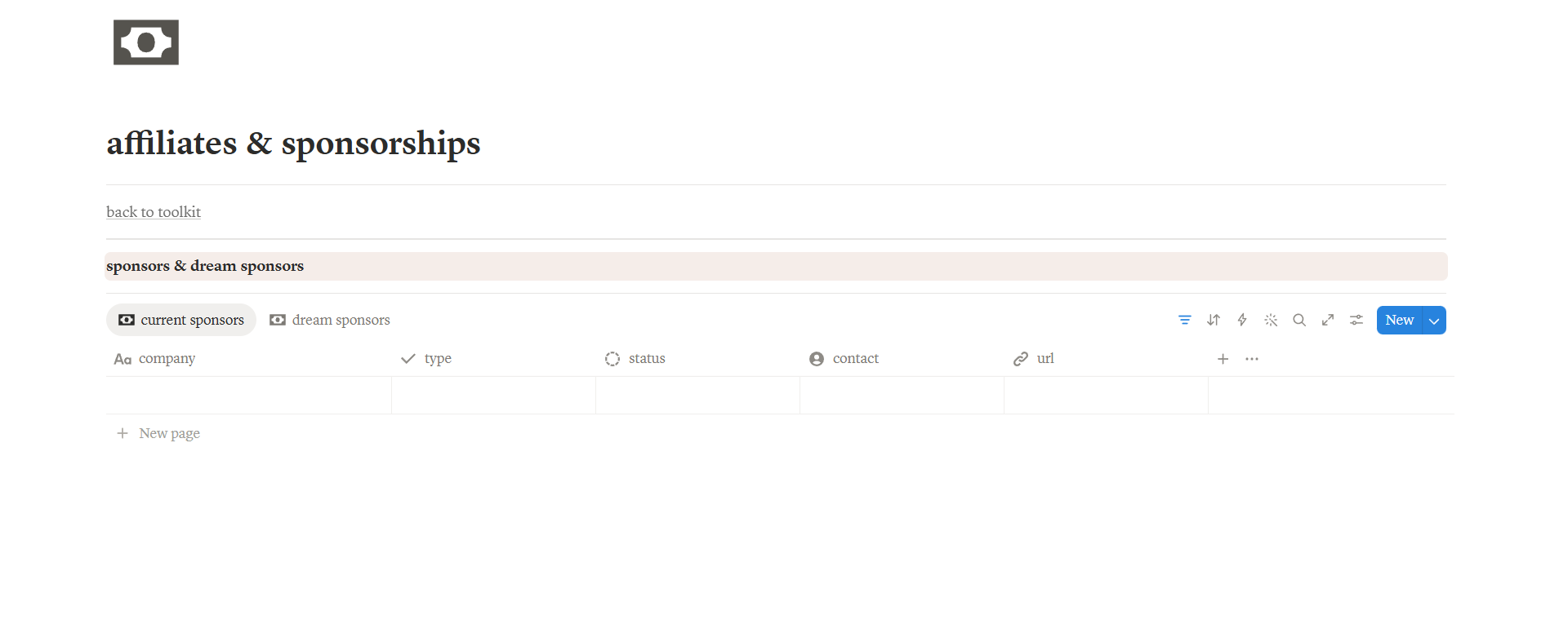 Affiliates & Sponsorships page in Notion
