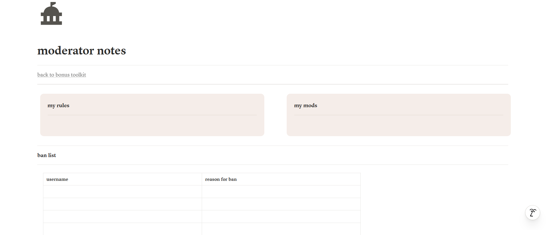 Moderator Notes page in Notion