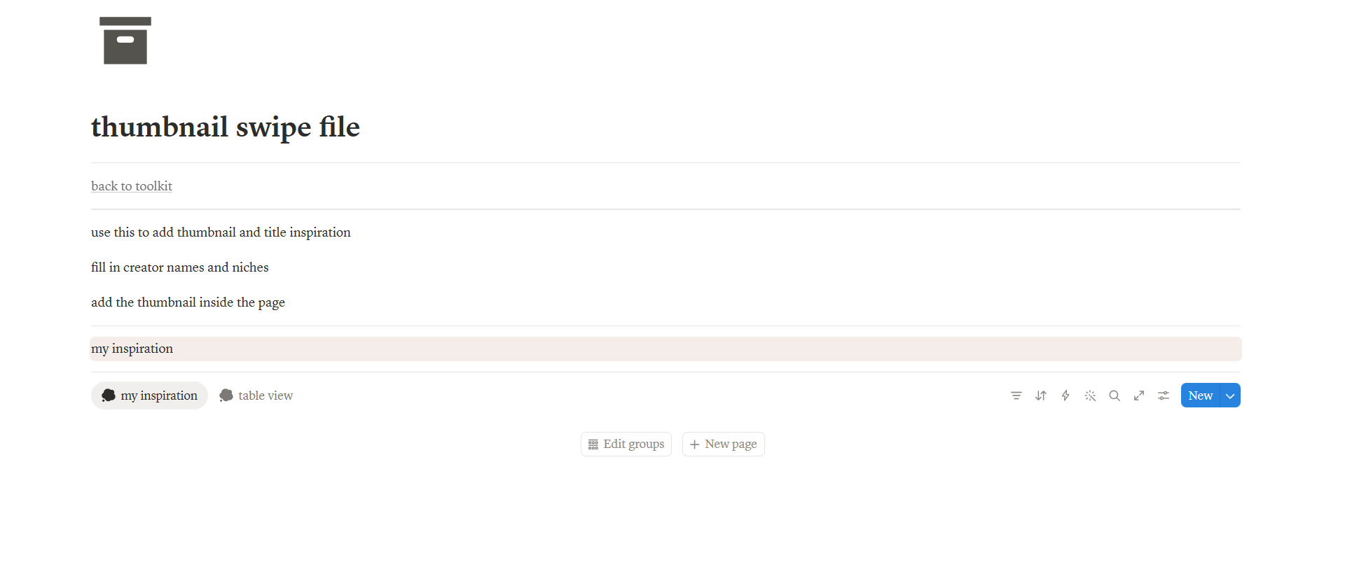 Thumbnail Swipe File page in Notion