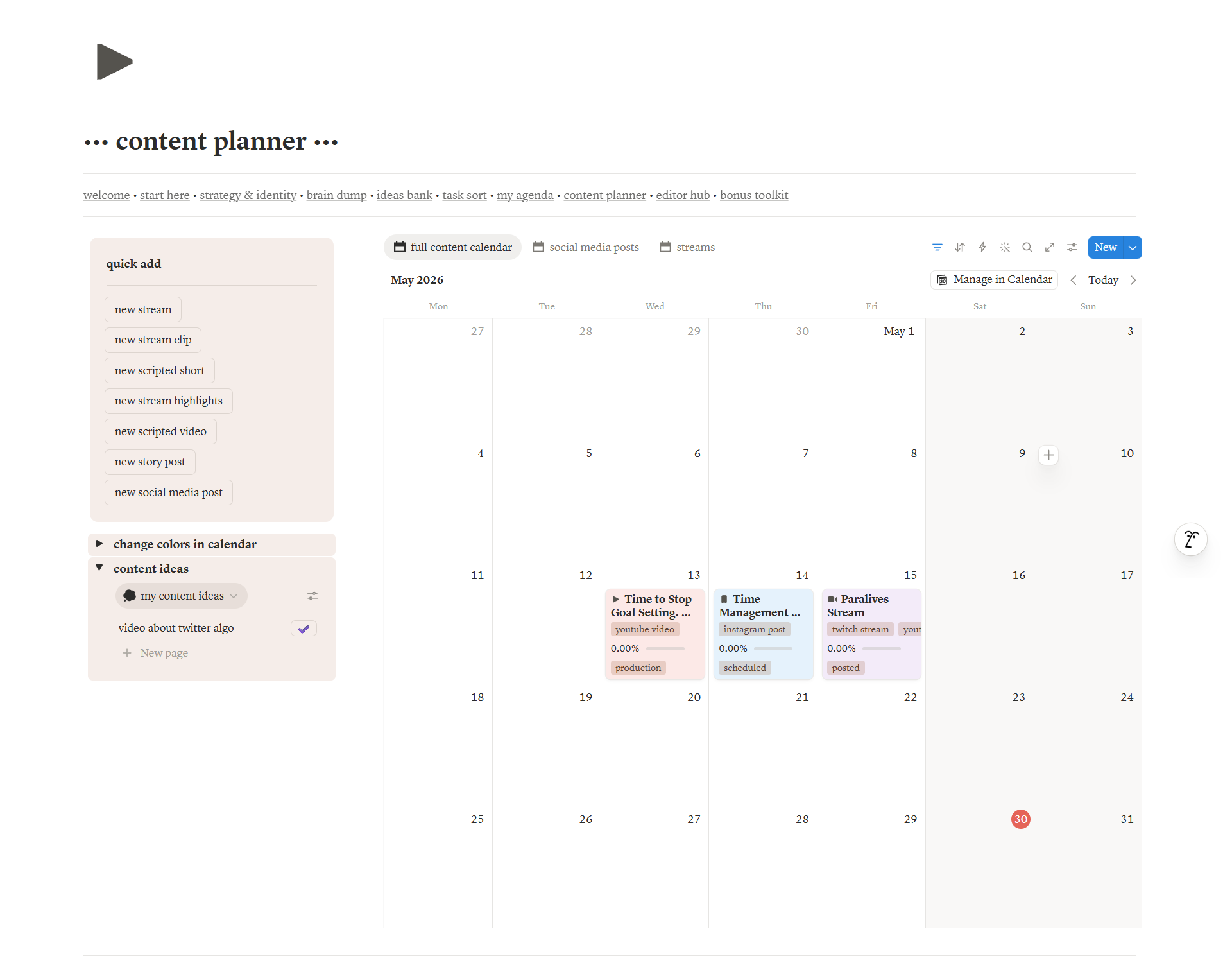Content Planner: quick-add buttons, full content calendar and a content-in-progress pipeline