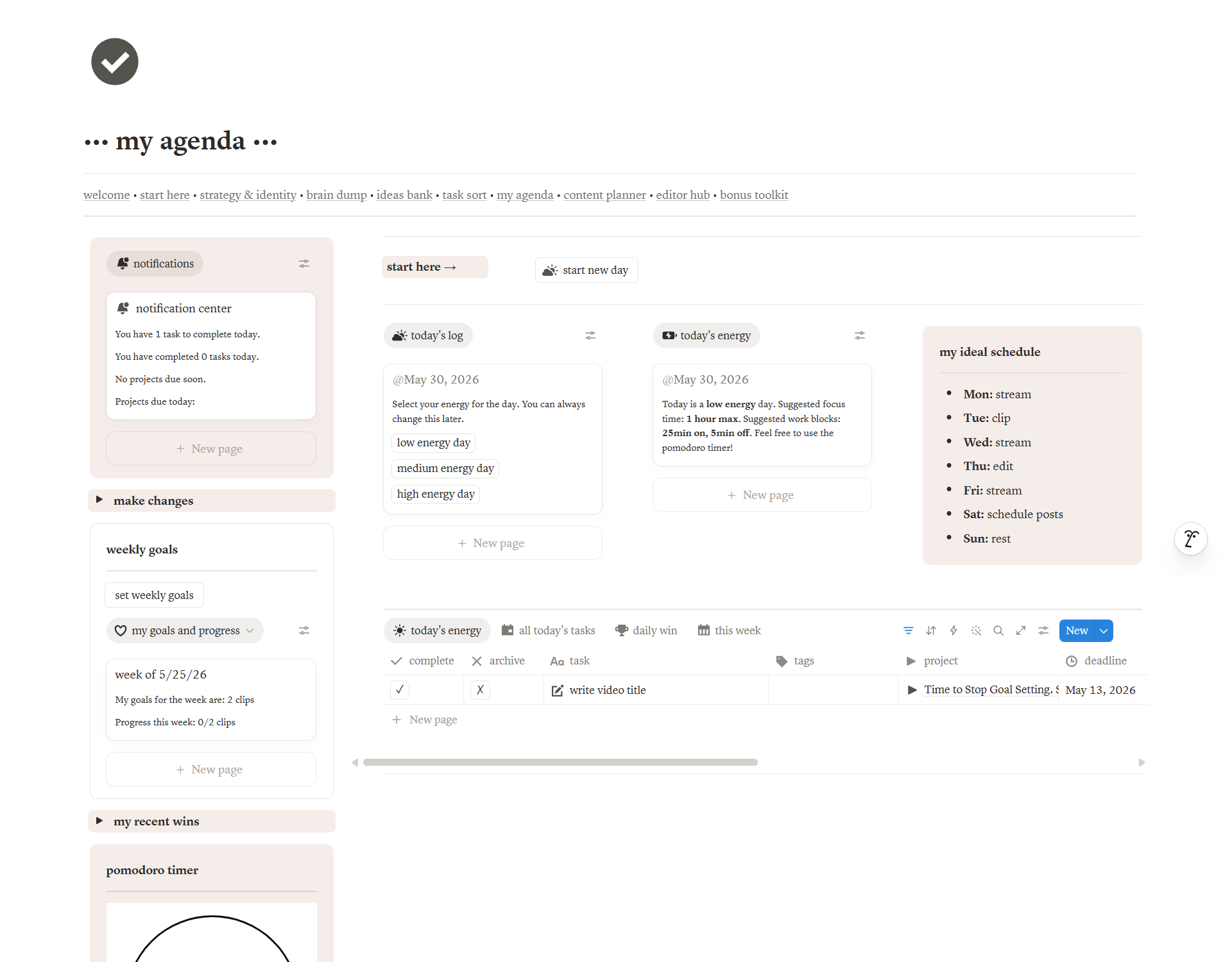 My Agenda page: notifications, weekly goals, energy selector, Pomodoro timer and ideal schedule