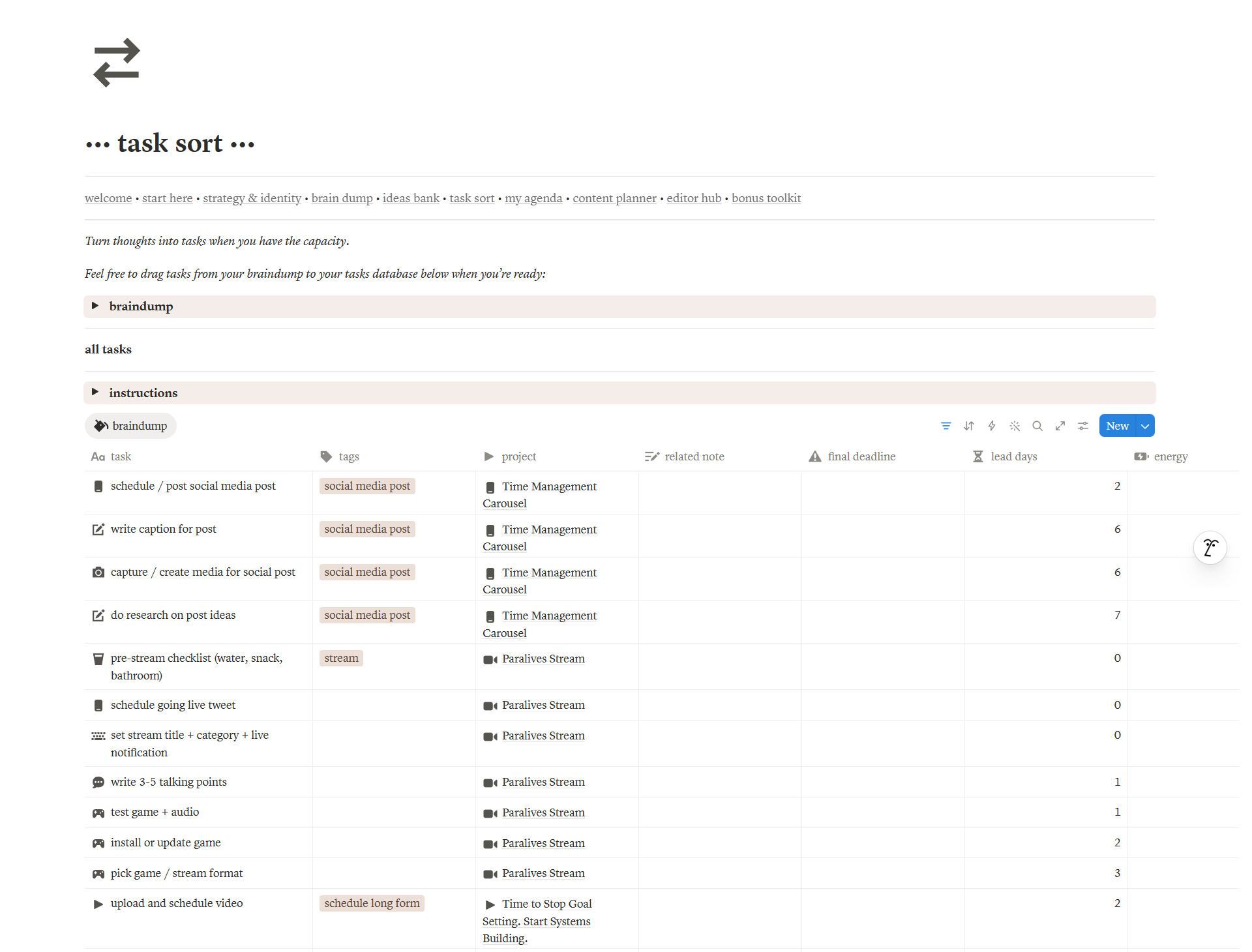 Task Sort: a braindump turning into a tasks database with tags, projects, deadlines and lead days