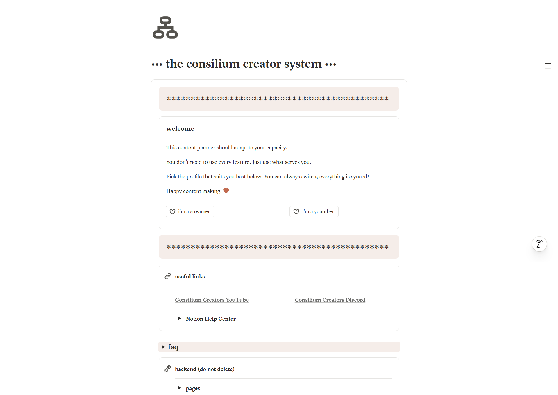 The Consilium Creator System welcome page in Notion, with 'I'm a streamer' and 'I'm a youtuber' options